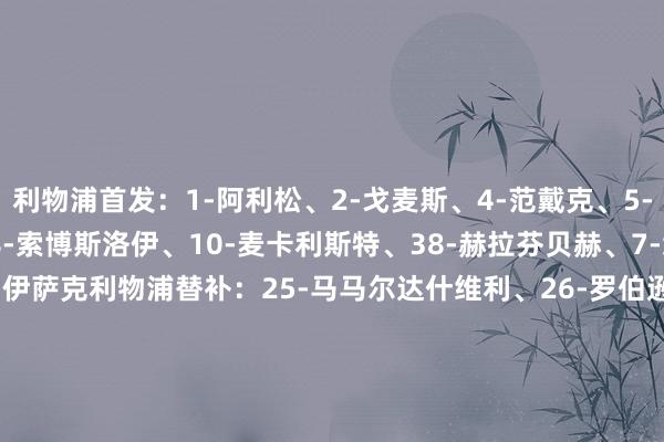 利物浦首发：1-阿利松、2-戈麦斯、4-范戴克、5-科纳特、6-凯尔凯兹、8-索博斯洛伊、10-麦卡利斯特、38-赫拉芬贝赫、7-维尔茨、18-加克波、9-伊萨克利物浦替补：25-马马尔达什维利、26-罗伯逊、3-远藤航、17-琼斯、42-尼奥尼、14-基耶萨、22-埃基蒂克、73-恩古莫哈、11-萨拉赫    2026买球站体育信息